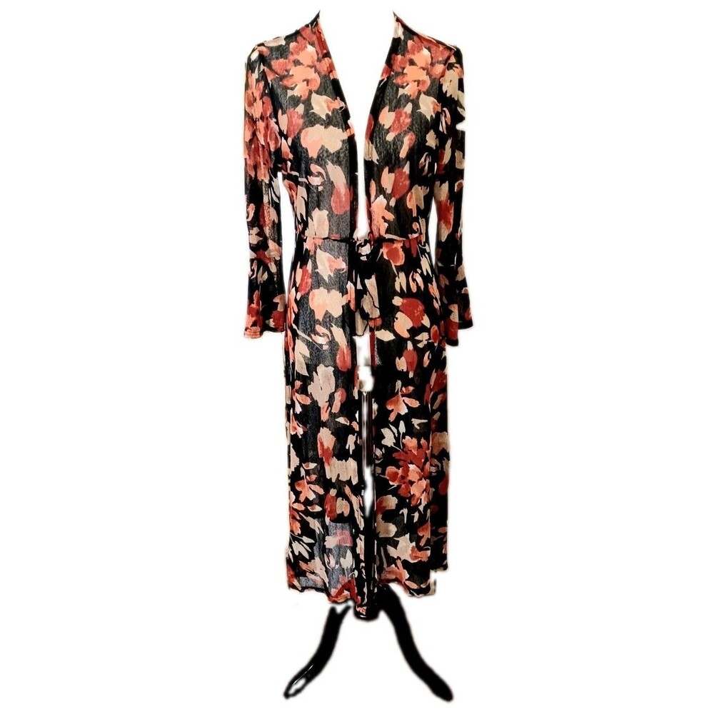 Ember Women's Black Floral Boho Sheer Mesh Cardigan/ Swimsuit Coverup Size Large
